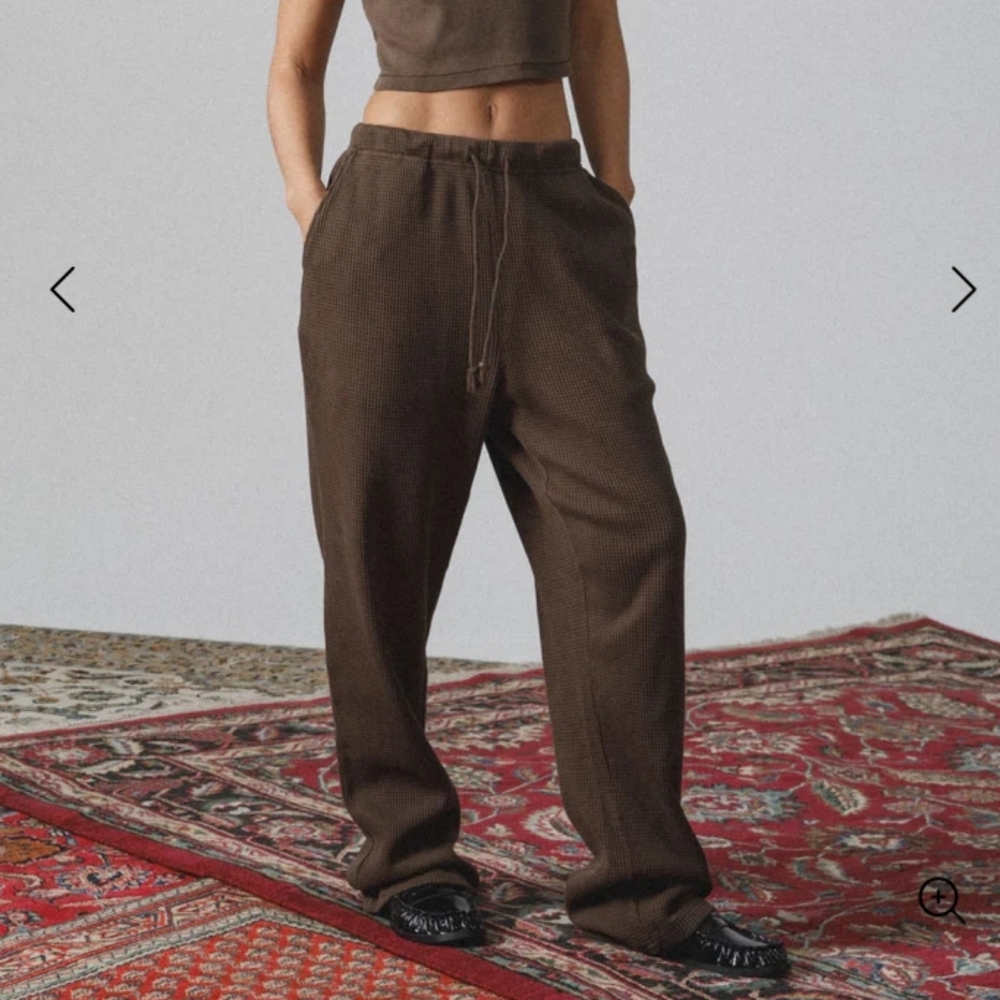 Brown Straight-Leg Waffle Knit Pants